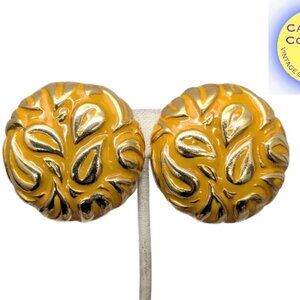 Vintage Signed Escada Round Goldtone & Orange Enamel Clip Earrings